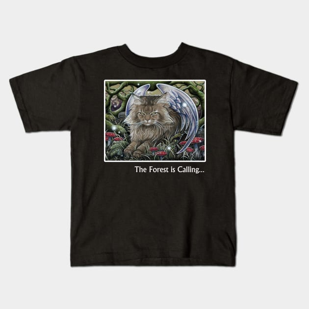 Cat Forest Spirit - The Forest is Calling - White Outlined Version Kids T-Shirt by Nat Ewert Art